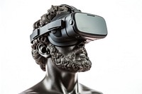 Close-up Greek sculpture wearing VR headset photography accessories electronics.