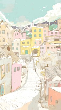 Japan anime winter city art neighborhood illustrated.