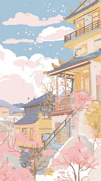 Japan anime winter building art illustrated painting.
