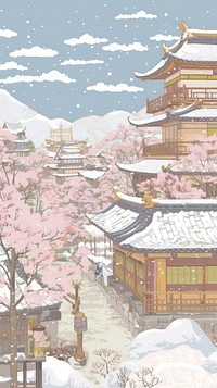 Japan anime winter village blossom flower person.