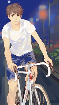 Japan anime boy cycling night style transportation publication clothing.