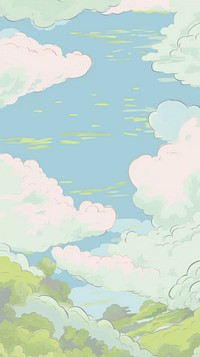 Japan anime blue green cloud sky art outdoors painting.