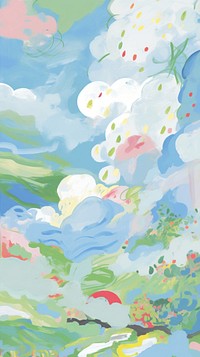Japan anime blue green cloud sky art painting outdoors.