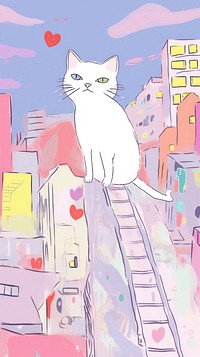Japan anime cat in the city art painting cartoon.