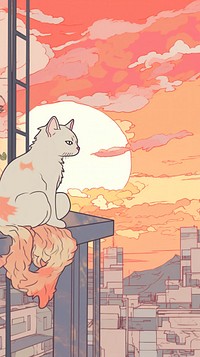 Japan anime cat on sunset view art cartoon person.