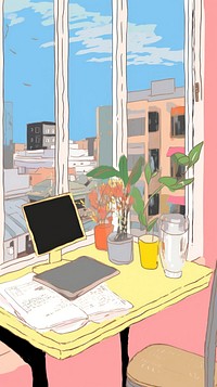 Japan anime desk on window art electronics publication.