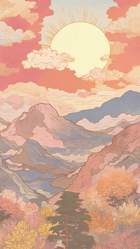 Japan anime mountain sunset art painting outdoors.