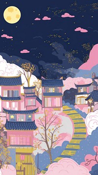 Japan anime night village art astronomy painting.
