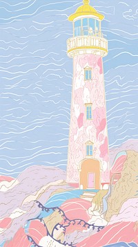 Japan anime pink blue lighthouse art architecture building.