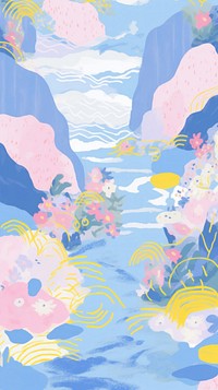 Japan anime pink blue river view art painting graphics.