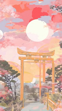 Japan anime sunset art painting torii.