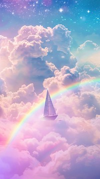 Aesthetic wallpaper sailboat rainbow cloud.