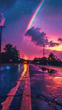 Aesthetic wallpaper rainbow light road.