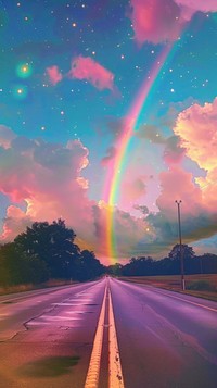 Aesthetic wallpaper rainbow road sky.