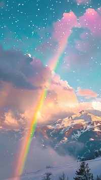 Aesthetic wallpaper mountain rainbow cloud.