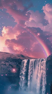 Aesthetic wallpaper waterfall rainbow sky.