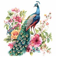 Illustration peacock watercolor art embroidery pattern.