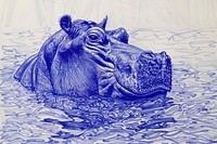Vintage drawing hippo in lake sketch illustrated wildlife.