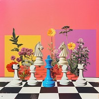 Retro collage of chess flower blossom plant.