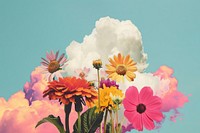 Retro collage of cloud with flower asteraceae outdoors blossom.