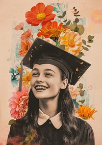 Retro collage of girl flower smile photography.