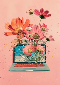 Retro collage of laptop flower electronics asteraceae.