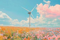 Retro collage of wind turbine in flower field outdoors windmill machine.