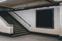 Large black blank billboard handrail transportation architecture.