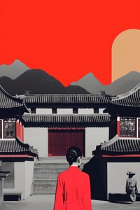 Minimal retro collage of china architecture building clothing.