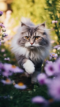 A cat running in the summer flowers garden photography purple asteraceae.