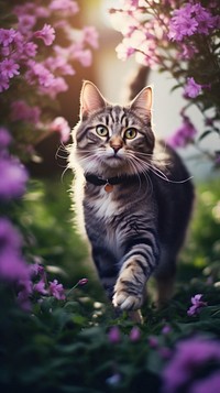 A cat running in the summer flowers garden photography purple asteraceae.