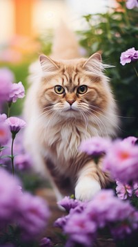 A cat running in the summer flowers garden purple asteraceae blossom.