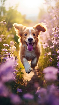 A dog running in the summer flowers garden photography purple vegetation.