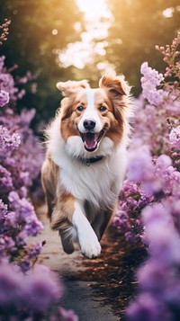 A dog running in the summer flowers garden photography vegetation outdoors.