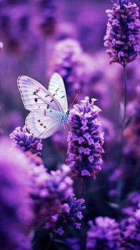 A purple butterfly flying in purple lavender flowers garden blossom plant petal.
