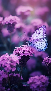 A purple butterfly flying in purple lavender flowers garden invertebrate geranium outdoors.