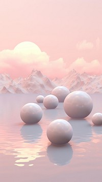 A few white spheres floating in the air on top of mountains and water sky outdoors scenery.