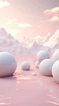 A few white spheres floating in the air on top of mountains and water medication outdoors scenery.