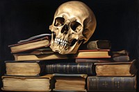 Skull on the books publication indoors library.