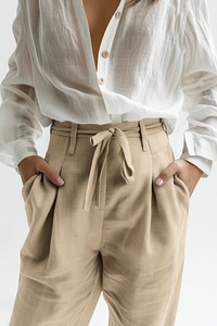 Woman in white linen blouse