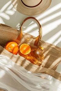 Rattan summer bag with reusable bottle and orange inside accessories cosmetics accessory.