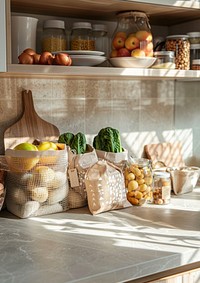 Kitchen counter from the front view with different products fruit bag accessories.