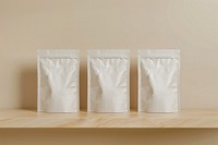 Craft plain paper pouchs mockup on wodden shelf bar bag.