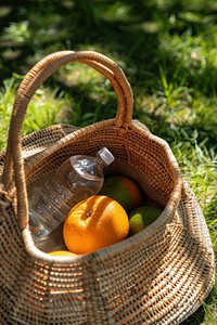 Rattan handbag with 1 reusable bottle and 1 orange recreation produce picnic.