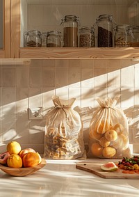 Minimalist kitchen scene with the focus on an array of ecofriendly fruit food jar.