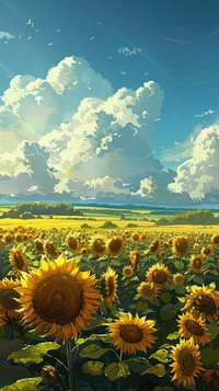 Agricultural summer landscape with sunflowers field and sk asteraceae outdoors scenery.