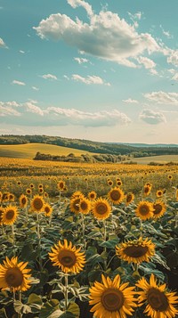 Agricultural summer landscape with sunflowers field and sk outdoors horizon blossom.