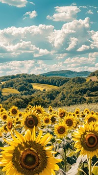 Agricultural summer landscape with sunflowers field and sky vegetation outdoors woodland.