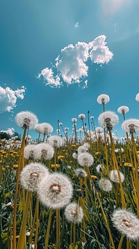 Field with dandelions and blue sky outdoors blossom flower.