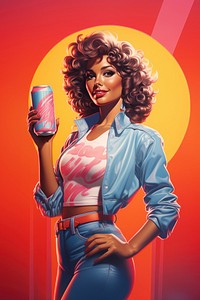 A woman carrying a small can with a smile on her face adult art advertisement. 